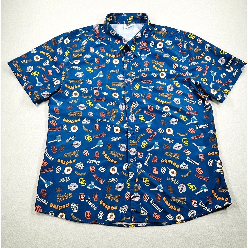 San Diego Padres Hawaiian Button Up Shirt Mens Large Blue All Over Print Basebal